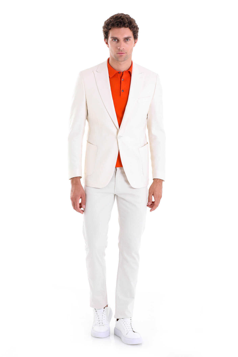 Ekru Comfort Fit Mono Yaka Casual Keten Ceket - HTML (1)