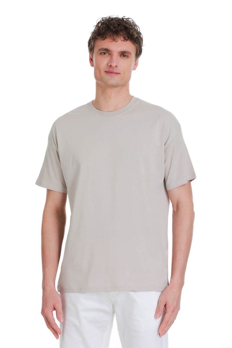 Ekru Regular Fit 100% Pamuk Bisiklet Yaka Oversize Tişört - HTML