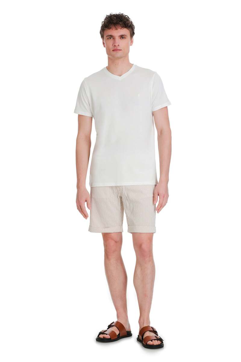 Ekru Regular Fit 100% Pamuk V Yaka Tişört - HTML (1)