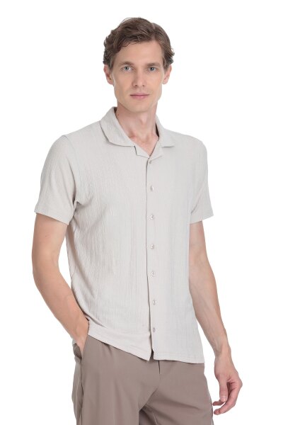 Ekru Regular Fit Apaş Yaka Gömlek 