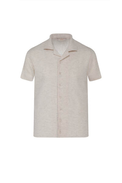 Ekru Regular Fit Apaş Yaka Keten Gömlek 