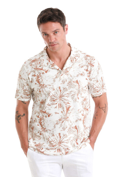 Ekru Regular Fit Baskılı Polo Yaka Pamuklu Tişört - 1