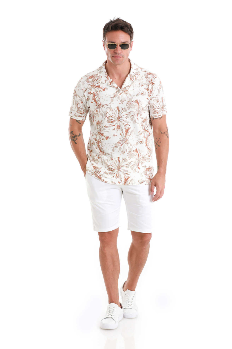 Ekru Regular Fit Baskılı Polo Yaka Pamuklu Tişört - Hatem Saykı (1)