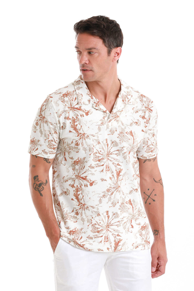 Ekru Regular Fit Baskılı Polo Yaka Pamuklu Tişört - Hatem Saykı (1)