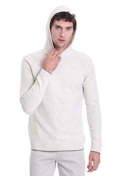 Ekru Regular Fit Bisiklet Yaka Jakarlı Kapüşonlu Kazak - 5