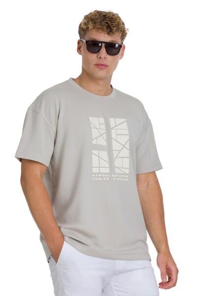 Ekru Regular Fit Bisiklet Yaka Oversize Tişört 