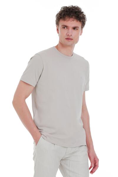 Ekru Regular Fit Bisiklet Yaka Pamuklu Tişört 