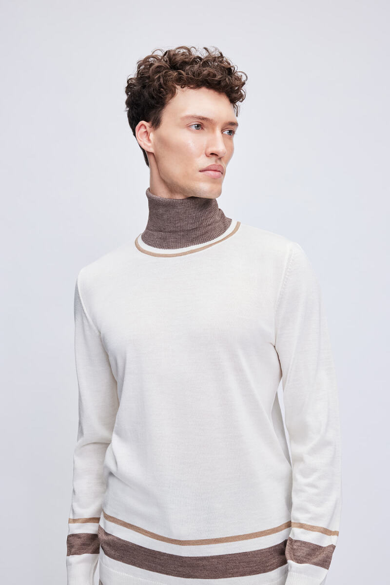 Ekru Regular Fit Çizgili Balıkçı Yaka Yünlü Triko Kazak - Hatem Saykı (1)