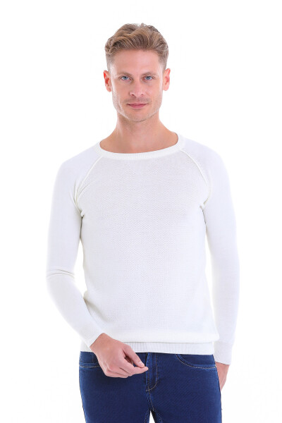 Ekru Regular Fit Desenli Bisiklet Yaka Yünlü Triko Kazak - 7