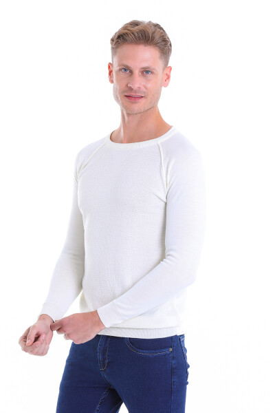 Ekru Regular Fit Desenli Bisiklet Yaka Yünlü Triko Kazak - 9