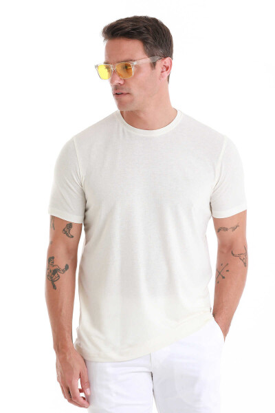 Ekru Regular Fit Bisiklet Yaka Keten Tişört - 3