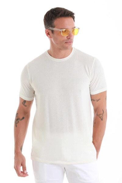 Ekru Regular Fit Bisiklet Yaka Keten Tişört - 4