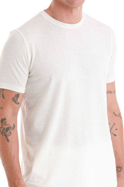 Ekru Regular Fit Bisiklet Yaka Keten Tişört - 5