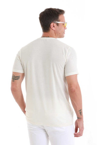 Ekru Regular Fit Bisiklet Yaka Keten Tişört - 6