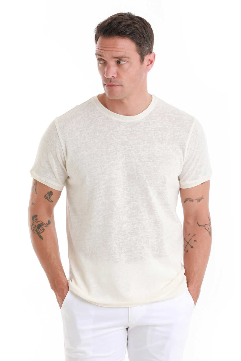 Ekru Regular Fit Bisiklet Yaka Pamuklu Tişört - Hatem Saykı (1)