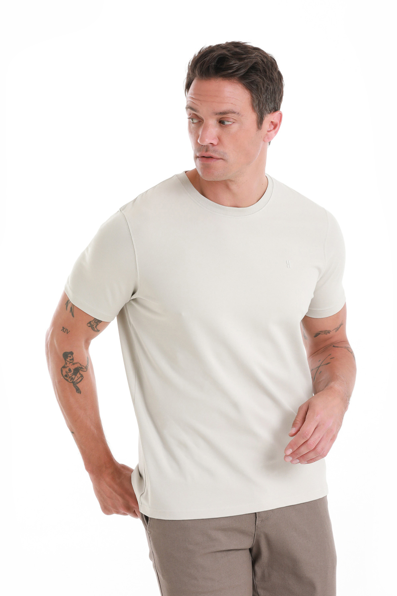 Ekru Regular Fit Bisiklet Yaka Pamuklu Tişört - HTML (1)