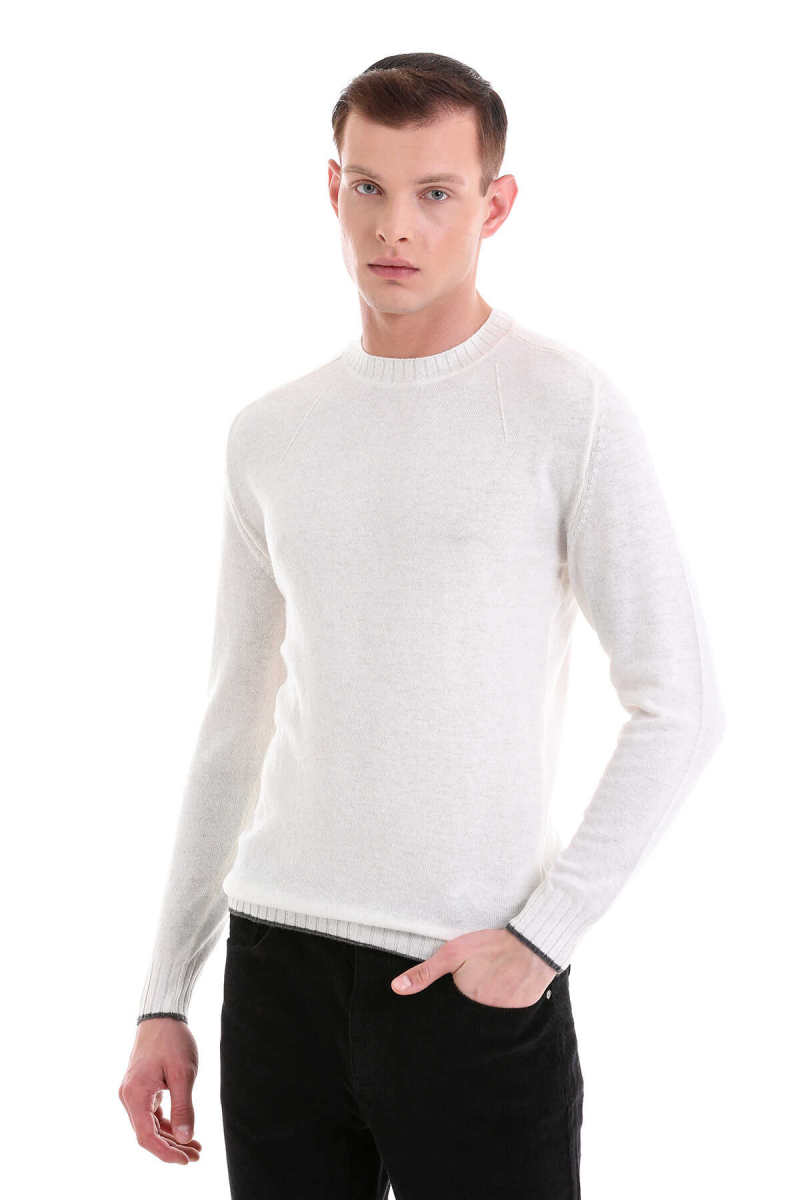 Ekru Regular Fit Bisiklet Yaka Yünlü Casual Triko Kazak - HTML (1)
