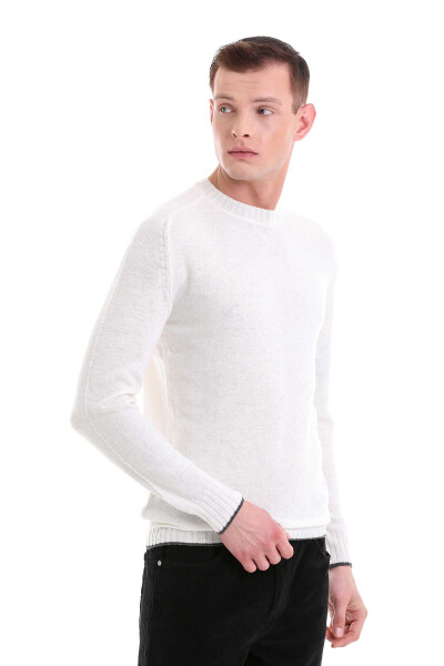 Ekru Regular Fit Bisiklet Yaka Yünlü Casual Triko Kazak - 4