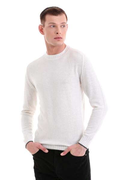 Ekru Regular Fit Bisiklet Yaka Yünlü Casual Triko Kazak - 5