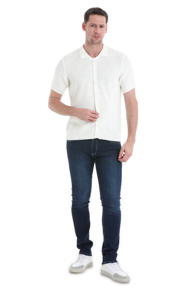 Ekru Regular Fit Düğmeli Kısa Kollu Triko Hırka - 2