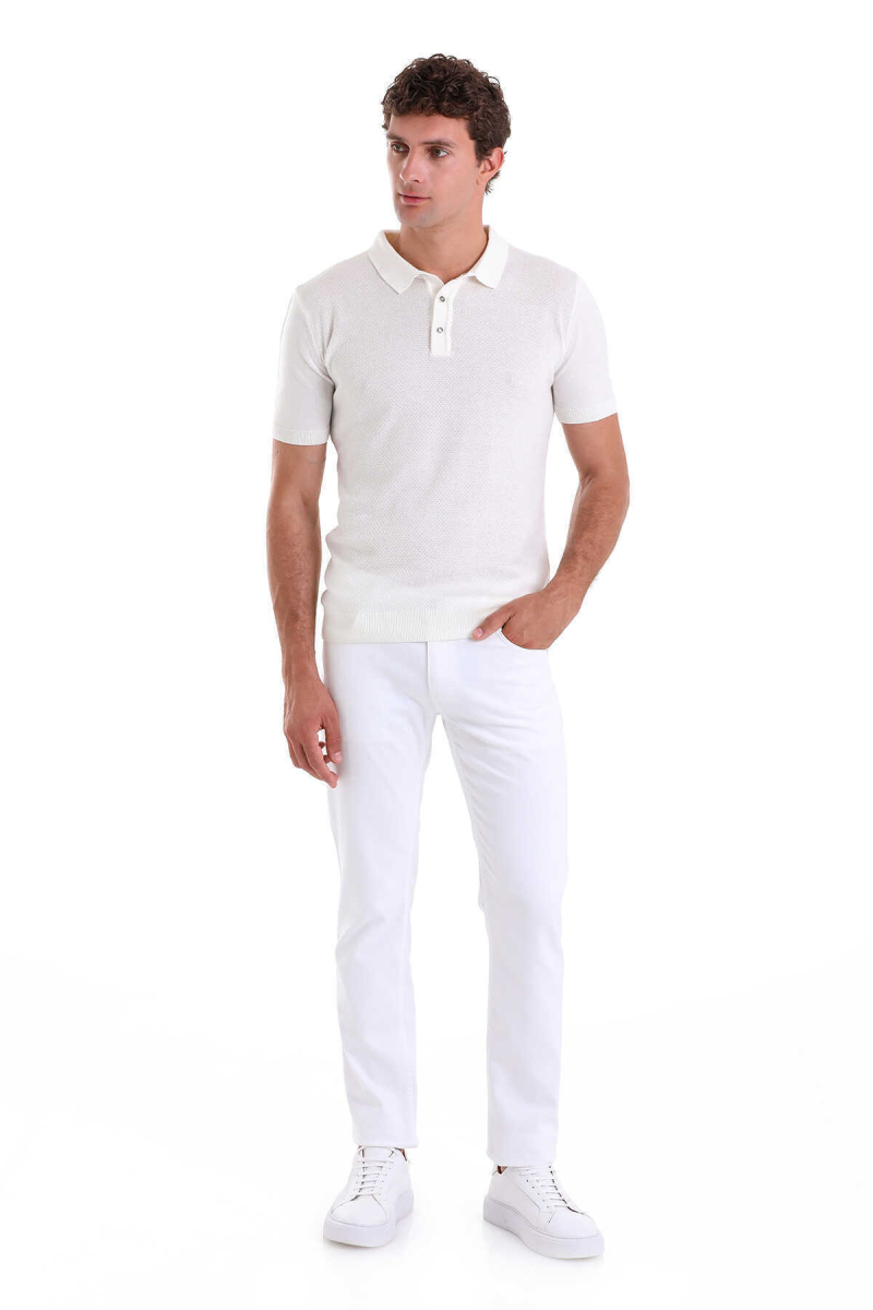 Ekru Regular Fit jakarlı Pamuklu Polo Yaka Tişört - Hatem Saykı (1)