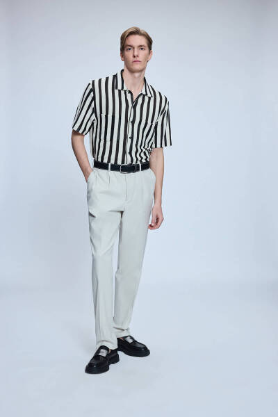 Ekru Çizgili Regular Fit Polo Yaka Kısa Kollu Gömlek - 3