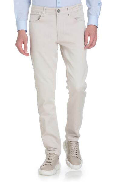 Ekru Slim Fit 5 Cep Pamuklu Kanvas Pantolon 