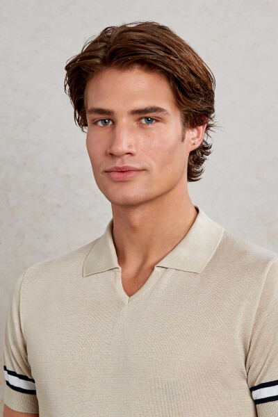 Ekru Slim Fit Çizgili Polo Yaka Tişört - 5