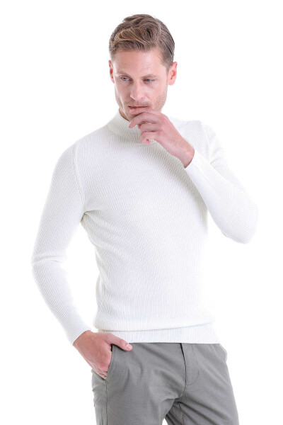 Ekru Slim Fit Fitilli Yarım Balıkçı Yaka Yünlü Kazak - 2
