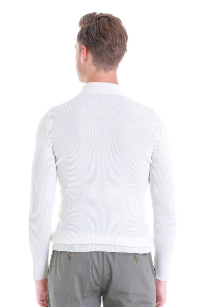 Ekru Slim Fit Fitilli Yarım Balıkçı Yaka Yünlü Kazak - 4