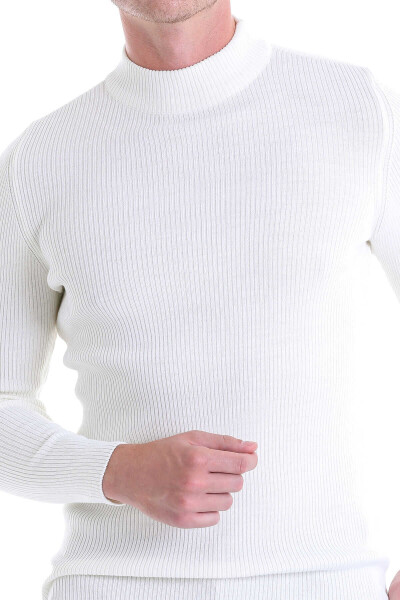 Ekru Slim Fit Fitilli Yarım Balıkçı Yaka Yünlü Kazak - 5