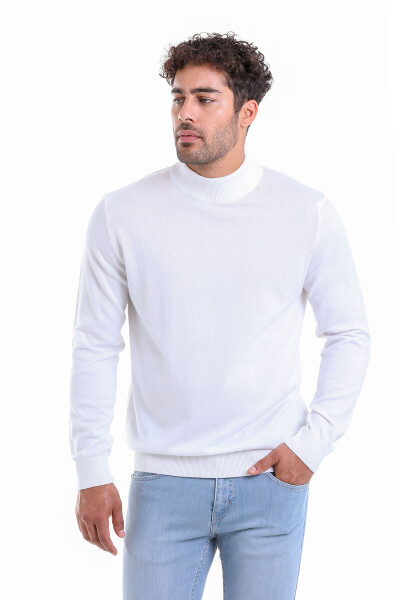 Ekru Regular Fit Düz 100% Pamuk Yarım Balıkçı Yaka Triko Kazak - 1