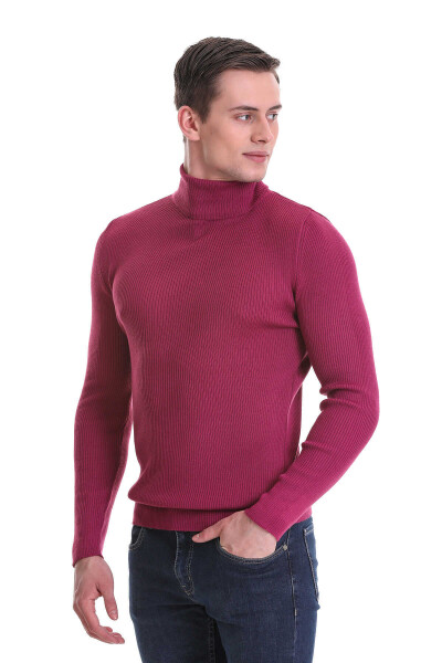 Pembe Slim Fit Fitilli Balıkçı Yaka Yünlü Triko Kazak - 3
