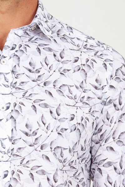 Gri Slim Fit Baskılı 100% Pamuk Uzun Kol Spor Gömlek - 4