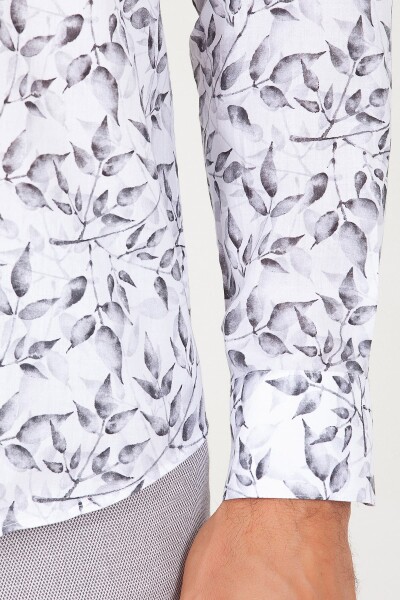 Gri Slim Fit Baskılı 100% Pamuk Uzun Kol Spor Gömlek - 5