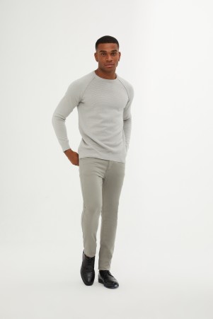 Gri Slim Fit Desenli Pamuklu Bisiklet Yaka Triko Kazak - 9