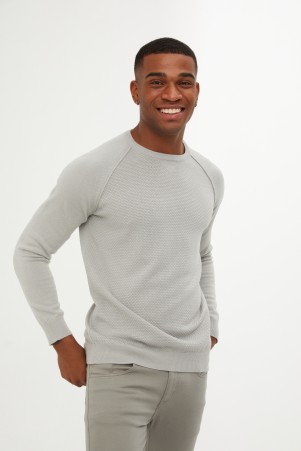 Gri Slim Fit Desenli Pamuklu Bisiklet Yaka Triko Kazak 