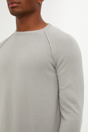 Gri Slim Fit Desenli Pamuklu Bisiklet Yaka Triko Kazak - 6