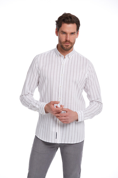 Gri Comfort Fit Çizgili 100% Pamuk Düğmeli Yaka Uzun Kollu Casual Gömlek 