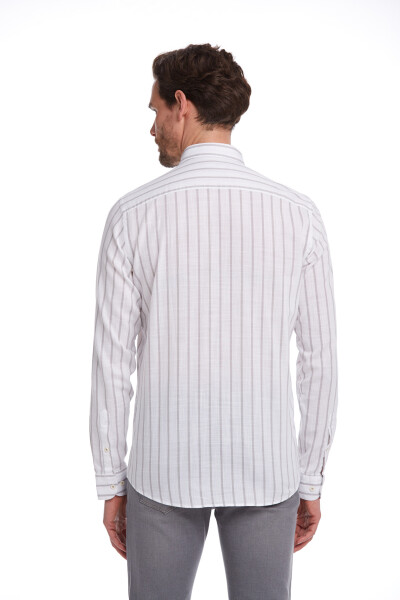 Gri Comfort Fit Çizgili 100% Pamuk Düğmeli Yaka Uzun Kollu Casual Gömlek - 5
