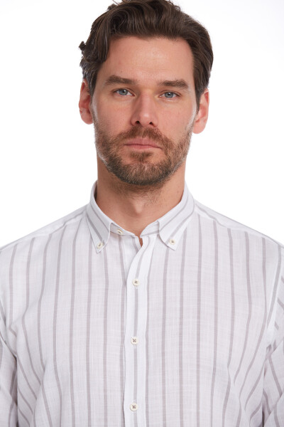 Gri Comfort Fit Çizgili 100% Pamuk Düğmeli Yaka Uzun Kollu Casual Gömlek - 7