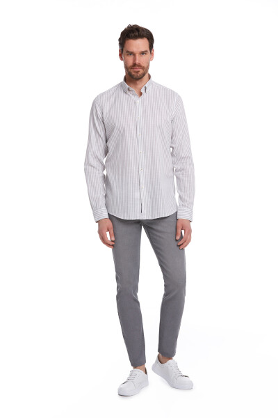 Gri Comfort Fit Çizgili 100% Pamuk Düğmeli Yaka Uzun Kollu Casual Gömlek - 5
