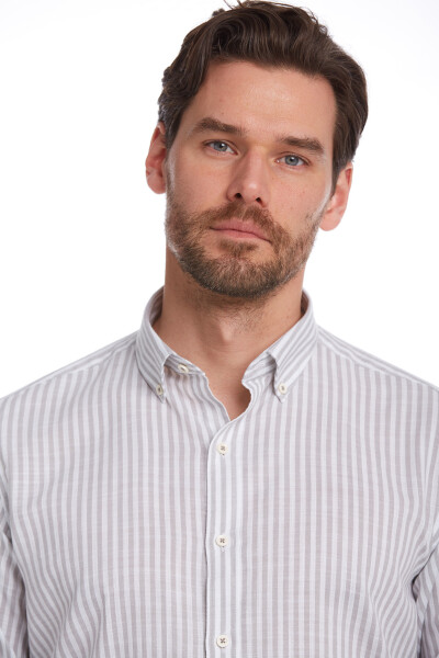 Gri Comfort Fit Çizgili 100% Pamuk Düğmeli Yaka Uzun Kollu Casual Gömlek - 10