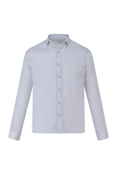 Gri Comfort Fit 100% Keten Düğmeli Yaka Uzun Kollu Keten Gömlek 