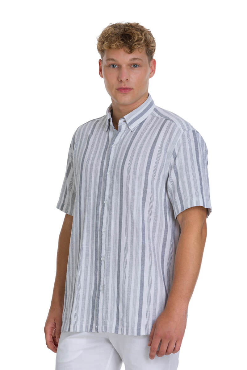 Gri Comfort Fit 100% Pamuk Düğmeli Yaka Kısa Kollu Pamuk Gömlek - HTML