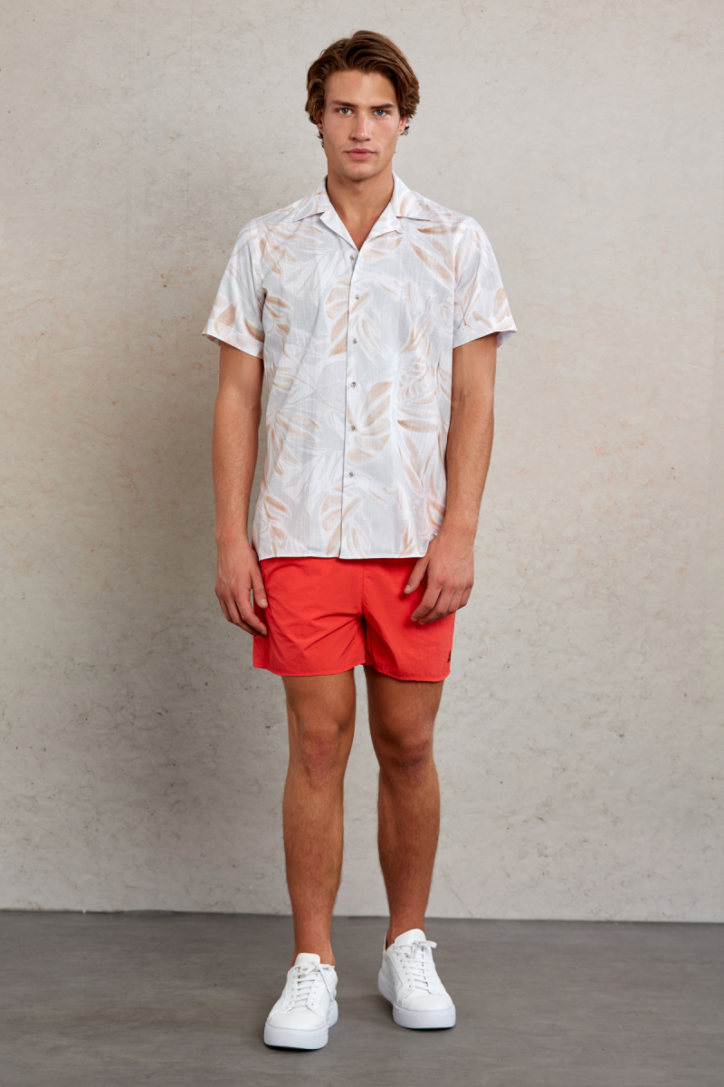 Gri Comfort Fit Baskılı %100 Pamuk Apaş Yaka Kısa Kollu Gömlek - HTML (1)