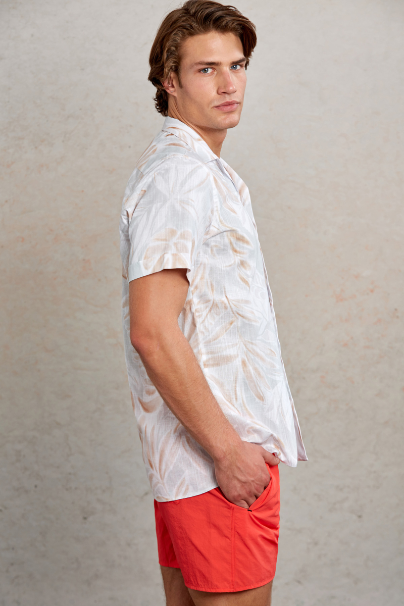 Gri Comfort Fit Baskılı %100 Pamuk Apaş Yaka Kısa Kollu Gömlek - HTML (1)