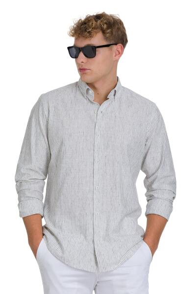 Gri Comfort Fit Çizgili Düğmeli Yaka Pamuk-Keten Uzun Kollu Gömlek - 3