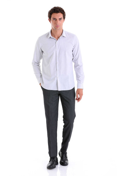 Gri Comfort Fit Çizgili Pamuklu Slim Yaka Uzun Kollu Casual Gömlek - 4