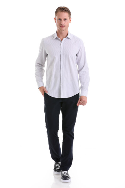 Gri Comfort Fit Çizgili Pamuklu Slim Yaka Uzun Kollu Spor Gömlek - 2